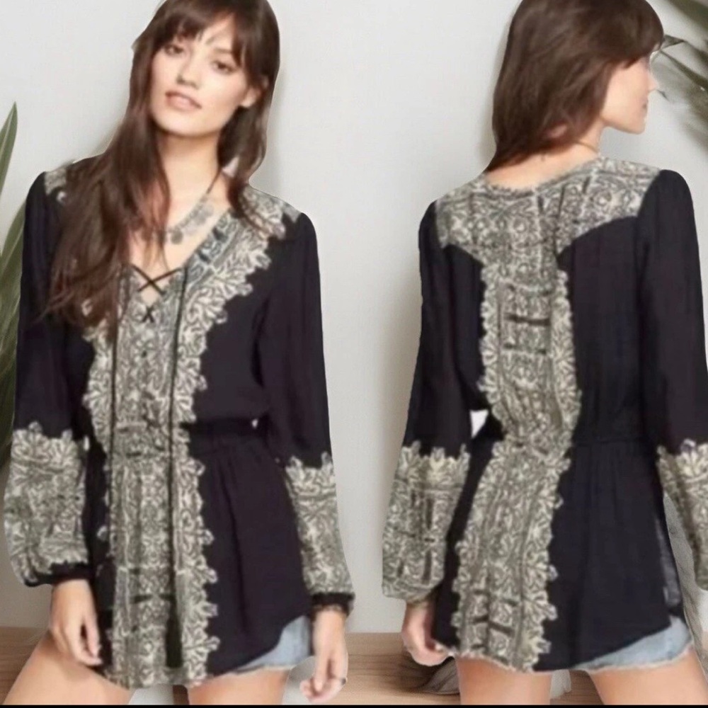 FREE PEOPLE Dress Womens Small Black Ivory Cinch Waist Wildest Moments Tunic EUC